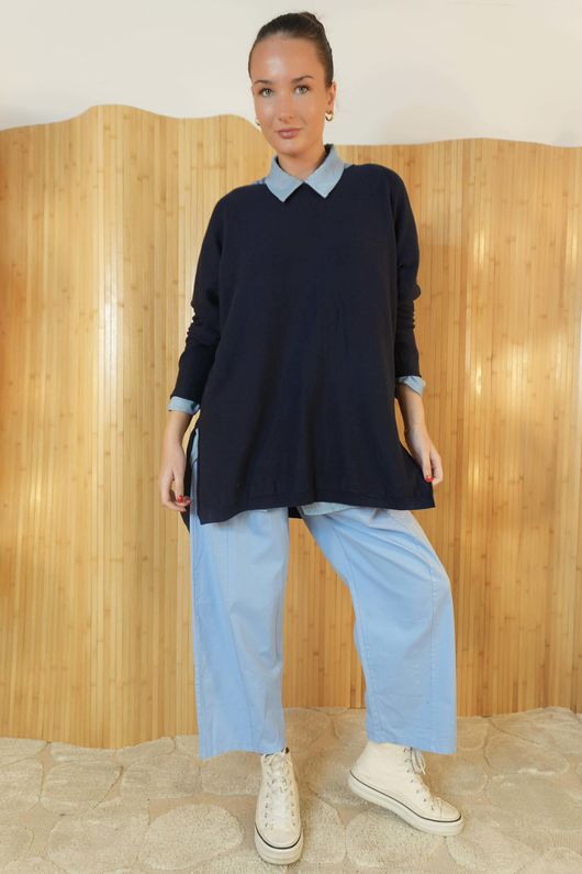 Winnie Ribby Stretch Longline Fine Knit Navy